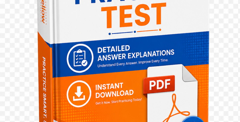 Professional ExamFellow practice test PDF book mockup featuring detailed answer explanations and instant download on a transparent background.