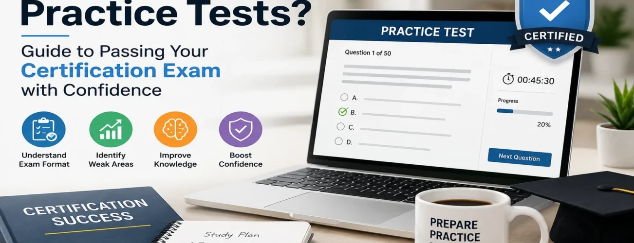 Professional illustration showing a certification practice test on a laptop with study materials, highlighting how practice tests help candidates prepare for certification exams with confidence.