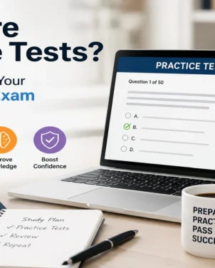Professional illustration showing a certification practice test on a laptop with study materials, highlighting how practice tests help candidates prepare for certification exams with confidence.