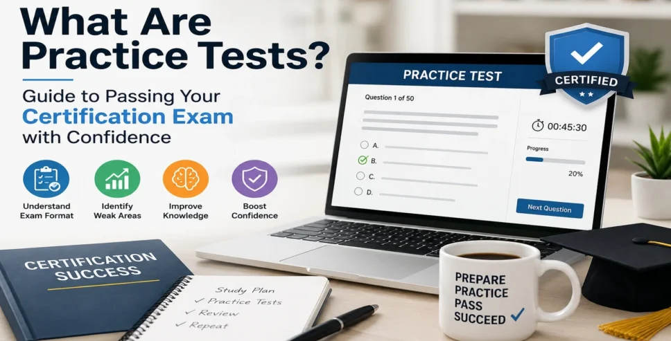 Professional illustration showing a certification practice test on a laptop with study materials, highlighting how practice tests help candidates prepare for certification exams with confidence.