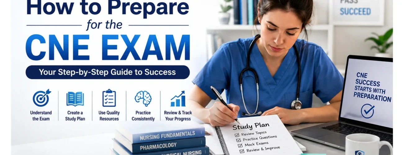 Healthcare professional studying for the Certified Nurse Educator (CNE) exam with ExamFellow's step-by-step preparation guide, practice questions, and study plan.