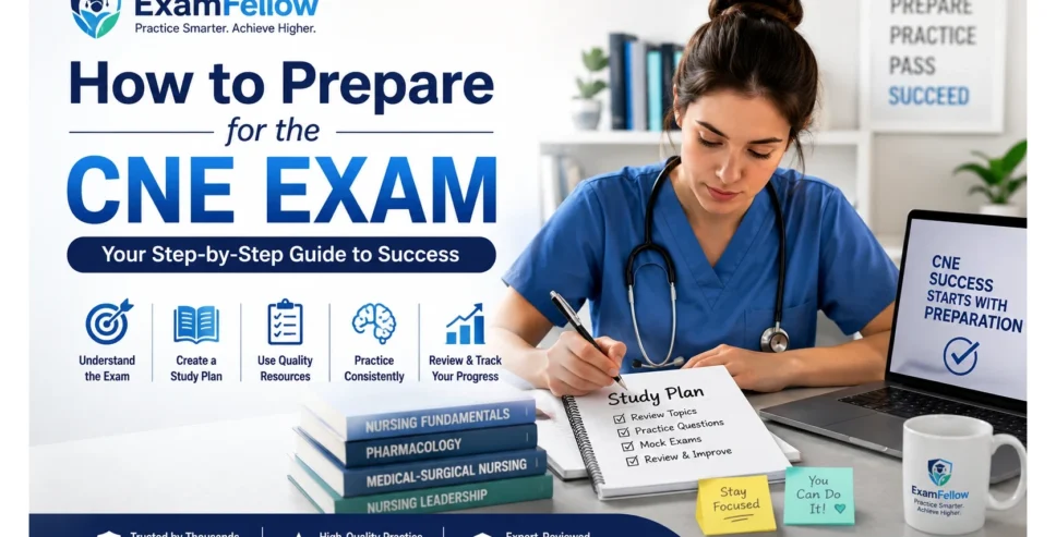 Healthcare professional studying for the Certified Nurse Educator (CNE) exam with ExamFellow's step-by-step preparation guide, practice questions, and study plan.