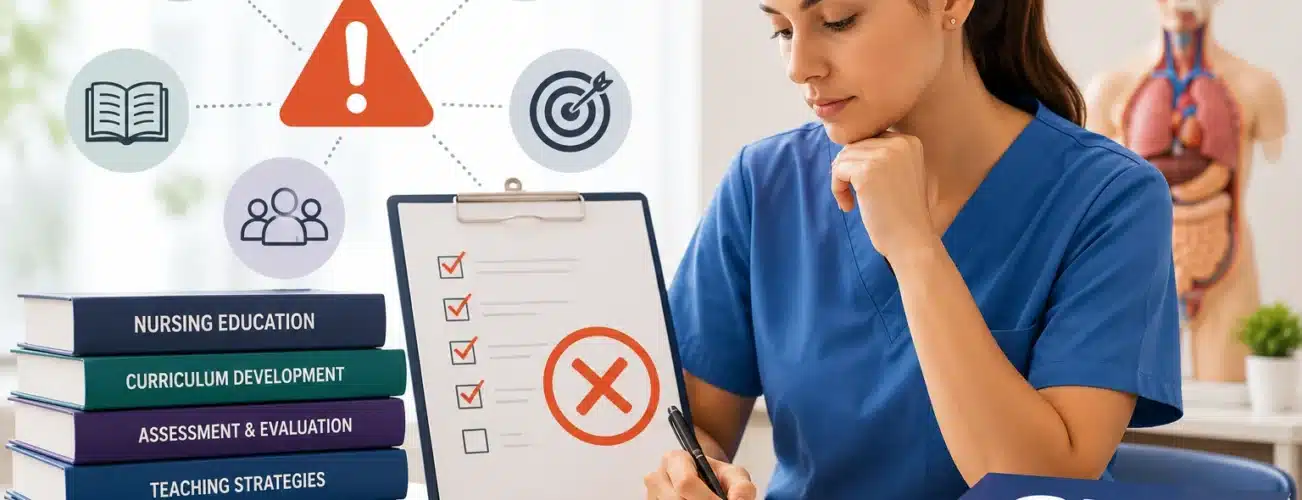 Nurse educator preparing for the Certified Nurse Educator (CNE) exam with study materials illustrating common mistakes, exam preparation strategies, curriculum development, assessment, and teaching competencies.