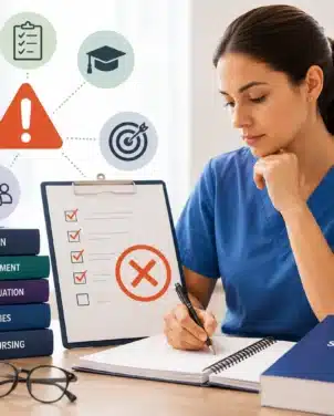 Nurse educator preparing for the Certified Nurse Educator (CNE) exam with study materials illustrating common mistakes, exam preparation strategies, curriculum development, assessment, and teaching competencies.