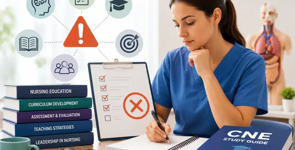Nurse educator preparing for the Certified Nurse Educator (CNE) exam with study materials illustrating common mistakes, exam preparation strategies, curriculum development, assessment, and teaching competencies.