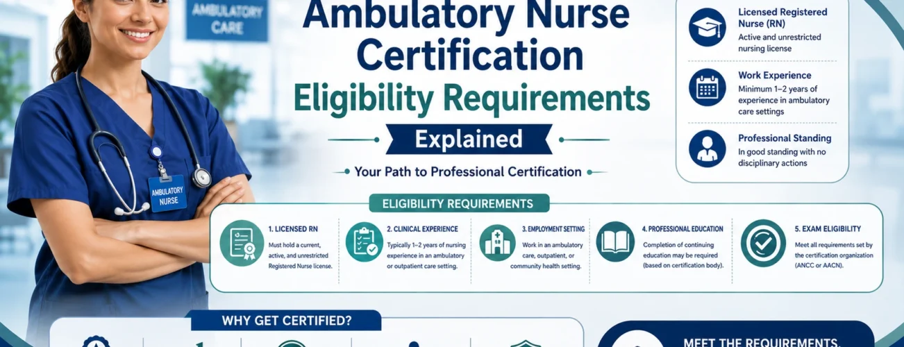 Professional infographic explaining Ambulatory Nurse Certification eligibility requirements, including RN licensure, clinical experience, certification criteria, and career benefits for ambulatory care nurses.