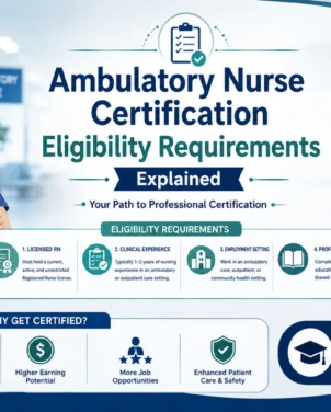 Professional infographic explaining Ambulatory Nurse Certification eligibility requirements, including RN licensure, clinical experience, certification criteria, and career benefits for ambulatory care nurses.