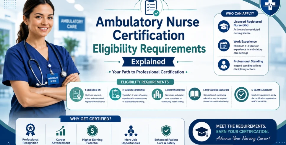 Professional infographic explaining Ambulatory Nurse Certification eligibility requirements, including RN licensure, clinical experience, certification criteria, and career benefits for ambulatory care nurses.