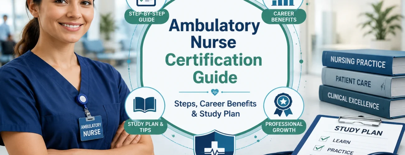 Professional infographic illustrating the Ambulatory Nurse Certification Guide with certification steps, career benefits, and study plan for ambulatory care nurses.