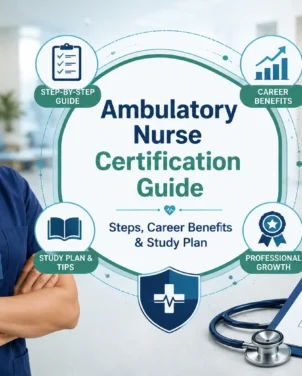 Professional infographic illustrating the Ambulatory Nurse Certification Guide with certification steps, career benefits, and study plan for ambulatory care nurses.