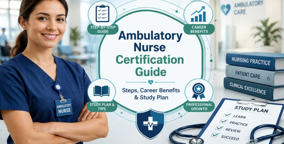 Professional infographic illustrating the Ambulatory Nurse Certification Guide with certification steps, career benefits, and study plan for ambulatory care nurses.