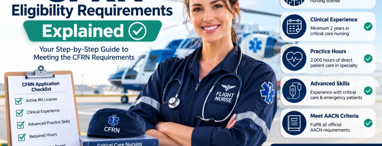 Professional infographic explaining CFRN eligibility requirements, including active RN license, clinical experience, patient care hours, and qualifications needed for flight nurse certification.