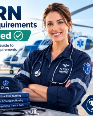 Professional infographic explaining CFRN eligibility requirements, including active RN license, clinical experience, patient care hours, and qualifications needed for flight nurse certification.
