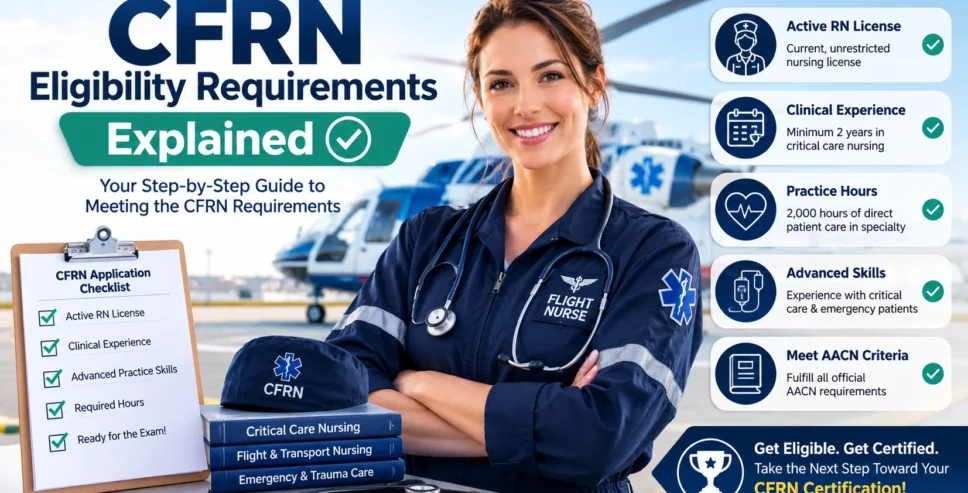 Professional infographic explaining CFRN eligibility requirements, including active RN license, clinical experience, patient care hours, and qualifications needed for flight nurse certification.