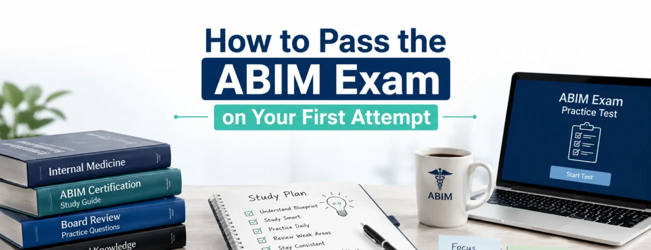 Professional study desk with ABIM exam preparation materials illustrating how to pass the ABIM certification exam on your first attempt.