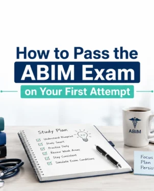 Professional study desk with ABIM exam preparation materials illustrating how to pass the ABIM certification exam on your first attempt.