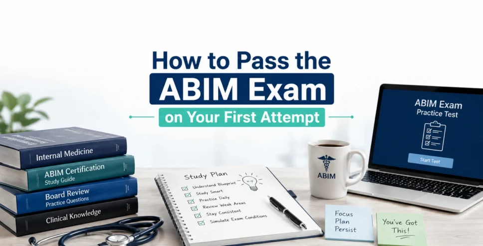 Professional study desk with ABIM exam preparation materials illustrating how to pass the ABIM certification exam on your first attempt.