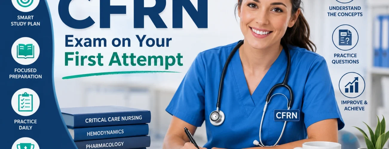 Professional featured image for "How to Pass the CFRN Exam on Your First Attempt" showing a flight nurse studying with CFRN exam preparation tips, practice questions, and study resources.