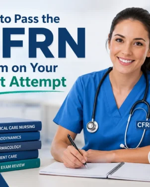 Professional featured image for "How to Pass the CFRN Exam on Your First Attempt" showing a flight nurse studying with CFRN exam preparation tips, practice questions, and study resources.