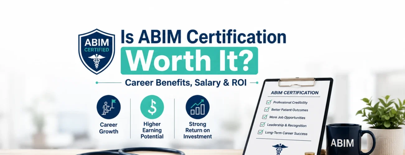 Professional ABIM certification banner highlighting career benefits, higher salary potential, return on investment, and professional growth for internal medicine physicians.