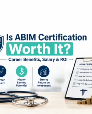 Professional ABIM certification banner highlighting career benefits, higher salary potential, return on investment, and professional growth for internal medicine physicians.