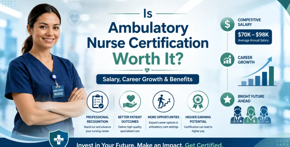 Professional infographic explaining whether Ambulatory Nurse Certification is worth it, highlighting salary potential, career growth opportunities, certification benefits, and professional advancement for ambulatory care nurses.