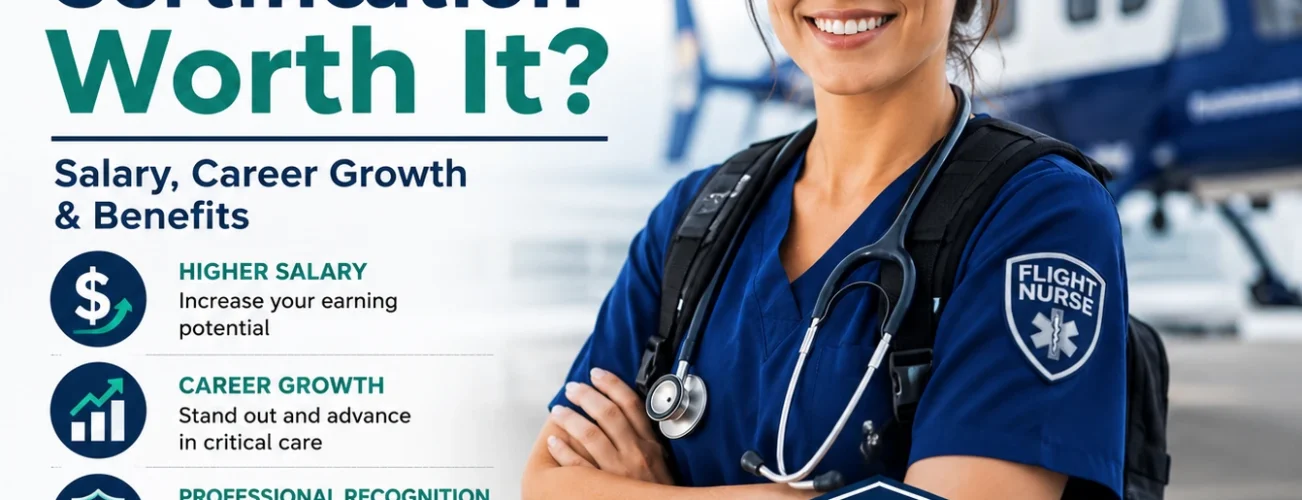Professional infographic illustrating the benefits of CFRN certification, including higher salary, career advancement, professional recognition, and improved patient outcomes for flight nurses.