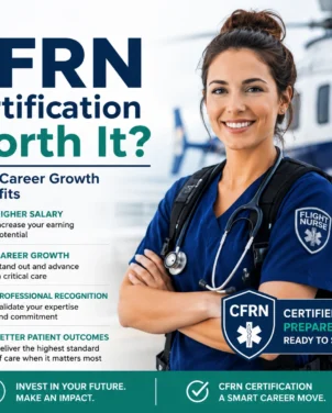 Professional infographic illustrating the benefits of CFRN certification, including higher salary, career advancement, professional recognition, and improved patient outcomes for flight nurses.