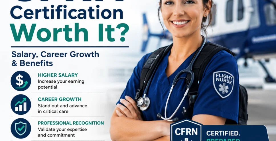 Professional infographic illustrating the benefits of CFRN certification, including higher salary, career advancement, professional recognition, and improved patient outcomes for flight nurses.