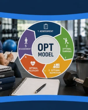 NASM OPT Model explained with CPT student, training stages, fitness equipment, and study materials.