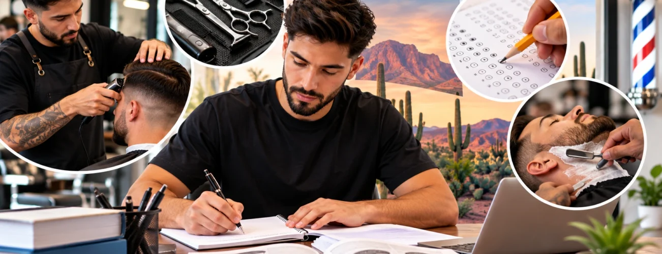 Arizona barber license exam preparation with barber training, haircutting practice, shaving techniques, study materials, and exam preparation