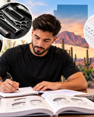 Arizona barber license exam preparation with barber training, haircutting practice, shaving techniques, study materials, and exam preparation