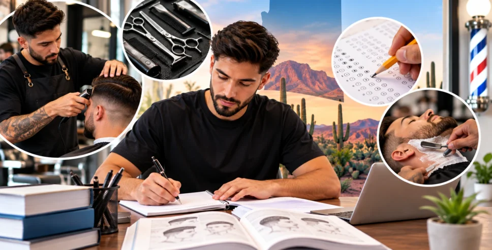 Arizona barber license exam preparation with barber training, haircutting practice, shaving techniques, study materials, and exam preparation