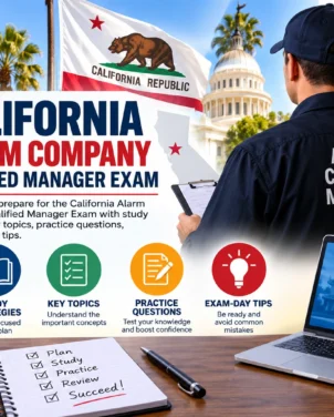 California Alarm Company Qualified Manager Exam preparation guide with study strategies, key topics, practice questions, and exam-day tips