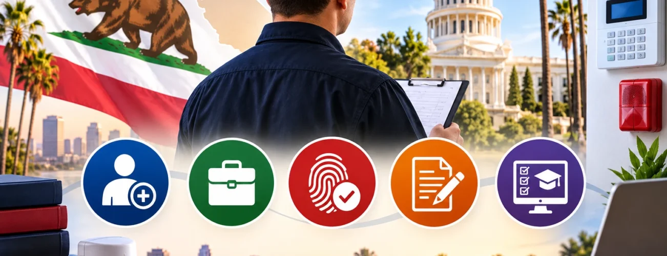 Visual guide showing California Alarm Company Qualified Manager requirements with experience, background check, application, and exam preparation concepts