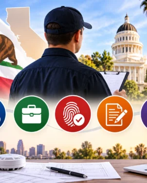Visual guide showing California Alarm Company Qualified Manager requirements with experience, background check, application, and exam preparation concepts