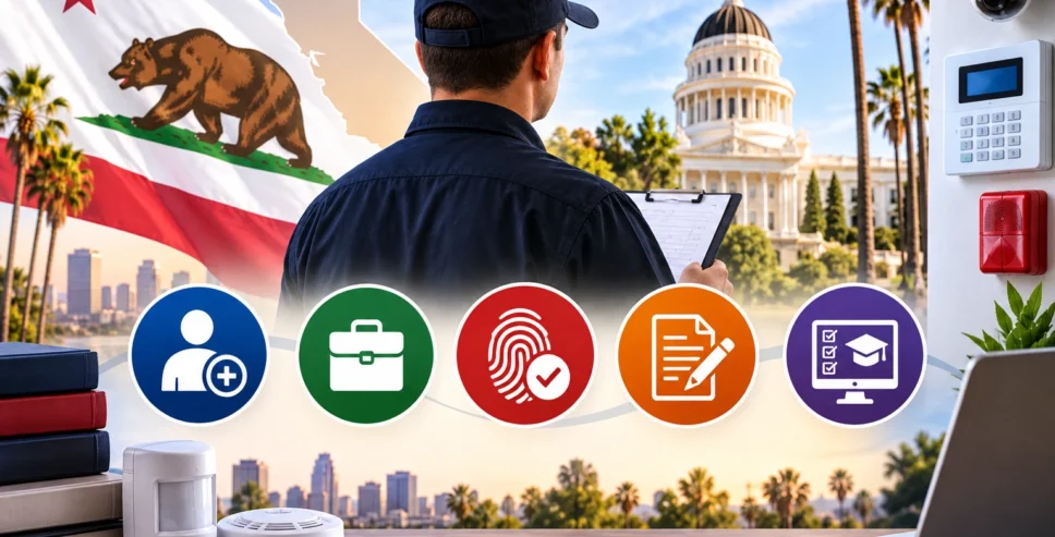 Visual guide showing California Alarm Company Qualified Manager requirements with experience, background check, application, and exam preparation concepts